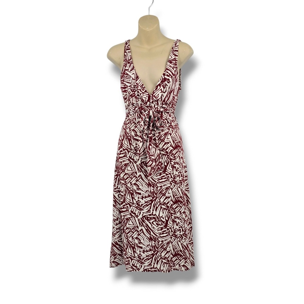 BCBGMAXAZRIA Burgundy Cream Abstract Print V-Neck Wrap Front Midi Dress Small